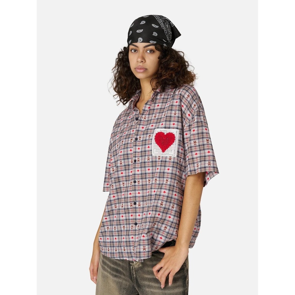 AElfric Eden Womens M Plaid Teddy Bear Heart Crochet Pocket Shirt Y2K Streetwear